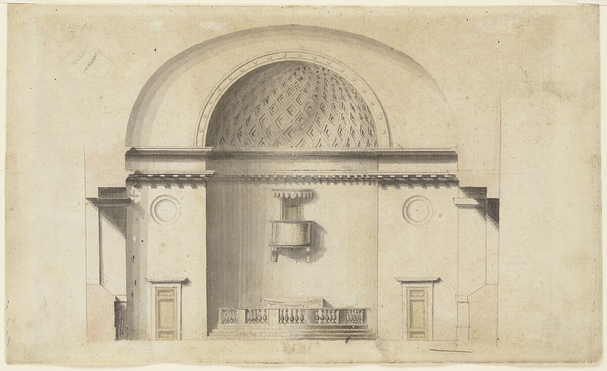Cross-section of a chapel (?) (recto); Pavillion in Neogothic style (verso), Anonymous, Swedish, 19th century, Pen and black ink, brush and gray wash, watercolor, over graphite 