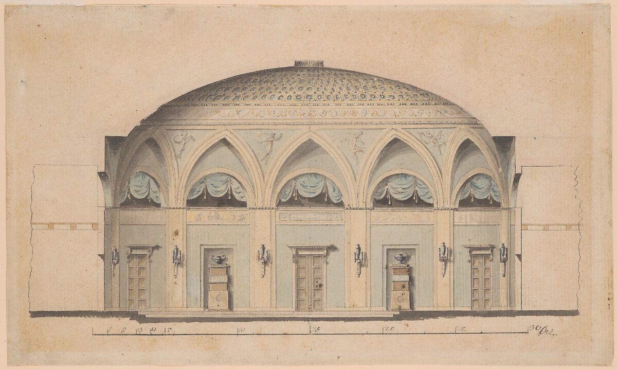 Cross-Section of a Domed Room with Urns and Candelabra, Anonymous, Swedish, 19th century, Pen and black ink, brush and gray wash, watercolor, over a sketch in graphite 