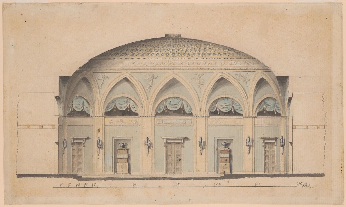 Cross-Section of a Domed Room with Urns and Candelabra, Anonymous, Swedish, 19th century, Pen and black ink, brush and gray wash, watercolor, over graphite 