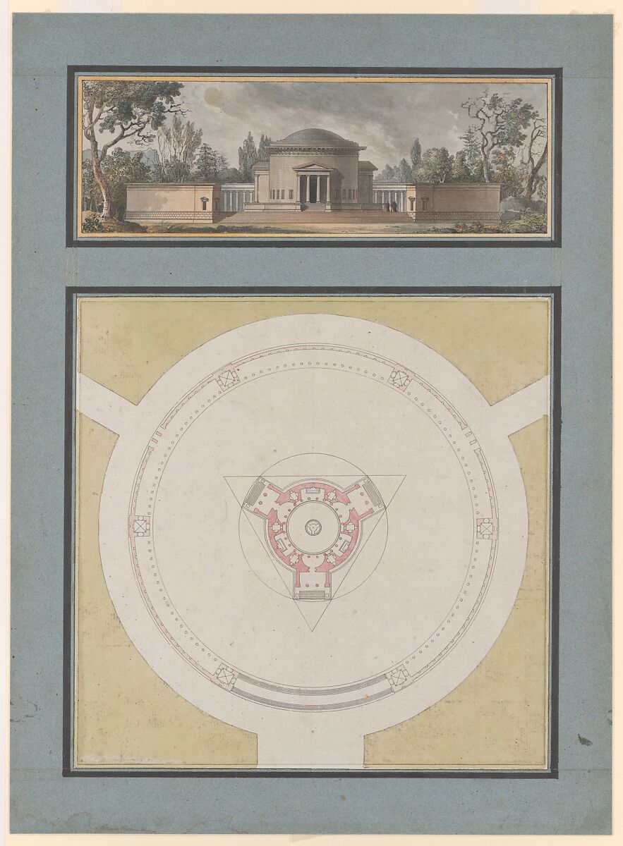Project for a Temple Dedicated to the Trinity, Elevation and Plan, Jean Nicolas Sobre (French), Elevation: pen and black ink with watercolor over black chalk underdrawing 
Plan: Pen and black ink with pink and pale green wash over faint black chalk underdrawing
