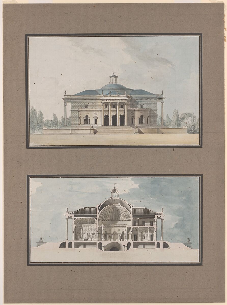 Project for a "Maison de plaisance pour un grand seigneur", Elevation and Section, Jean Nicolas Sobre (French), Elevation: pen and black ink with watercolor 
Section: Pen and black ink with watercolor