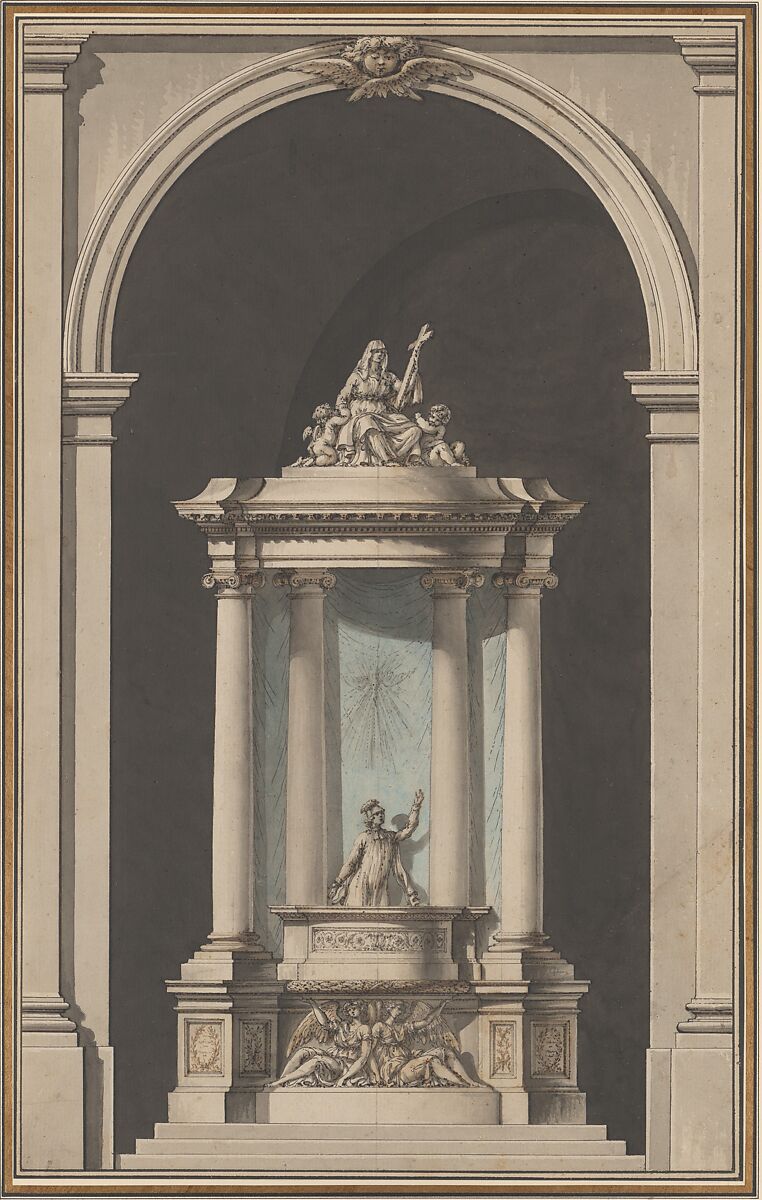 Design for a Pulpit, Louis Gustave Taraval (French, Stockholm 1738–1794 Paris), Pen and black ink, brush and brown, gray, and blue washes, over black chalk