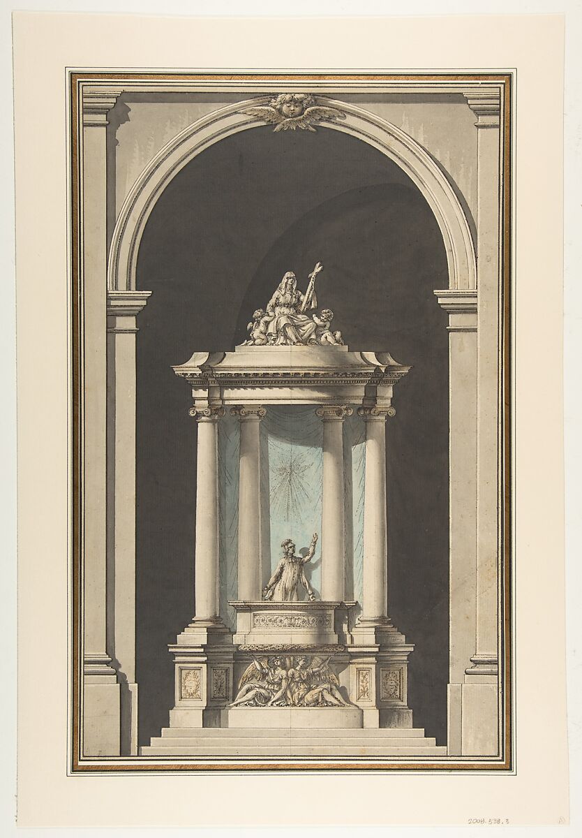 Design for a Pulpit, Louis Gustave Taraval (French, Stockholm 1738–1794 Paris), Pen and black ink, brush and brown, gray, and blue washes, over black chalk underdrawing 