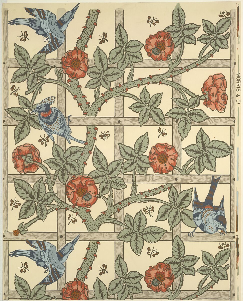 Trellis, William Morris (British, Walthamstow, London 1834–1896 Hammersmith, London), Block-printed in distemper colors