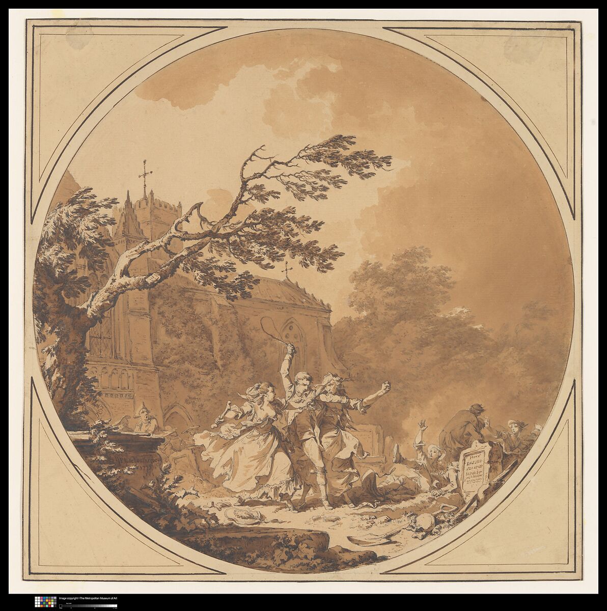 Tom Jones Assisting Molly Seagrim in the Churchyard, Philippe Jacques de Loutherbourg (French, Strasbourg 1740–1812 London), Pen and brown ink, brush and brown wash, over black chalk underdrawing 