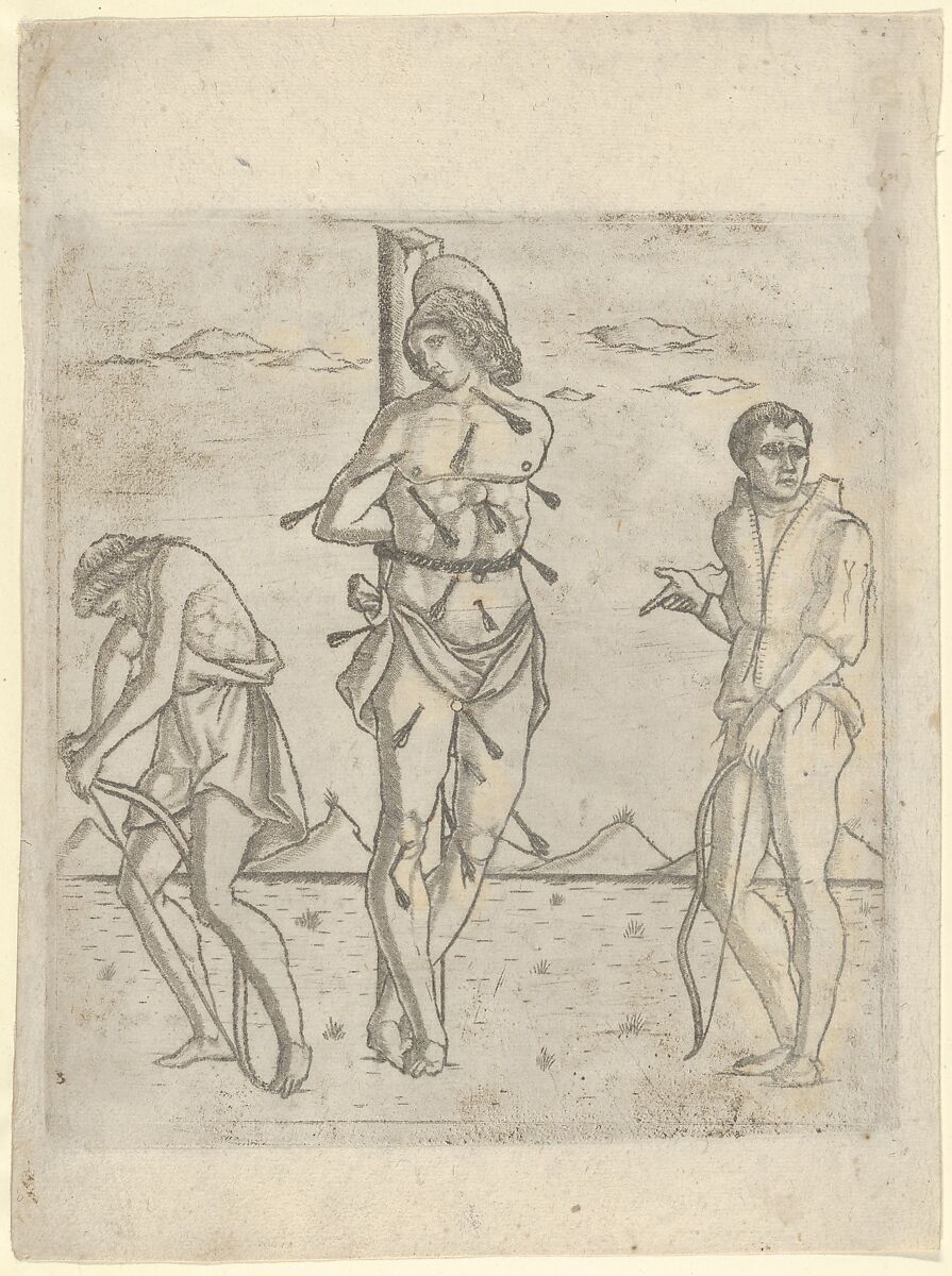 Martyrdom of Saint Sebastian with Two Archers, Anonymous, Italian  , Ferrarese, 15th century, Engraving 