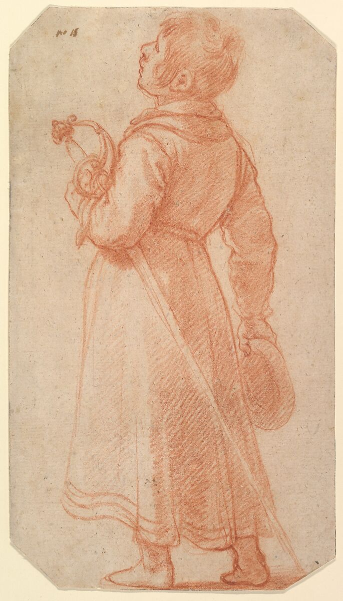 A Young Boy Seen from Behind, holding a sword and cap, Matteo Rosselli (Italian, Florence 1578–1650 Florence), Red chalk 