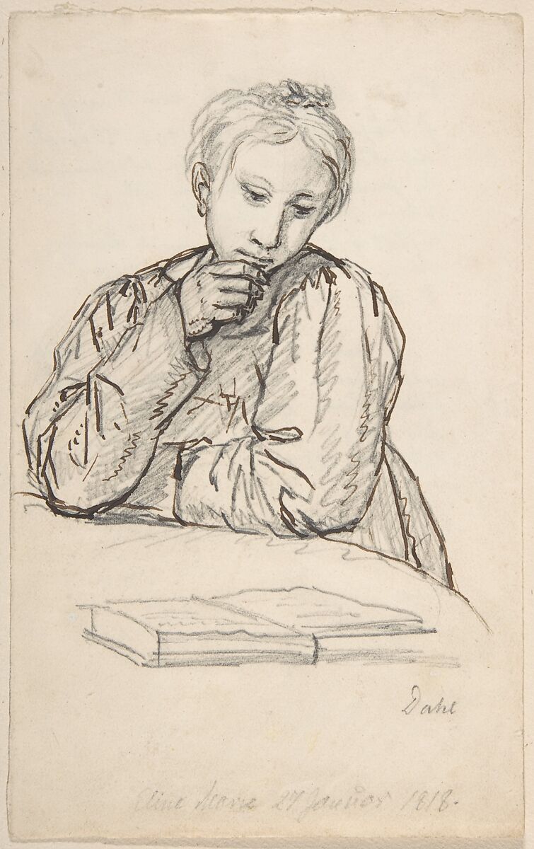 Portrait of Eline Marie Heger as a Child, Leaning on a Table, Looking at a Book, Johan Christian Dahl (Norwegian, Bergen 1788–1857 Dresden), Graphite, pen and brown ink 