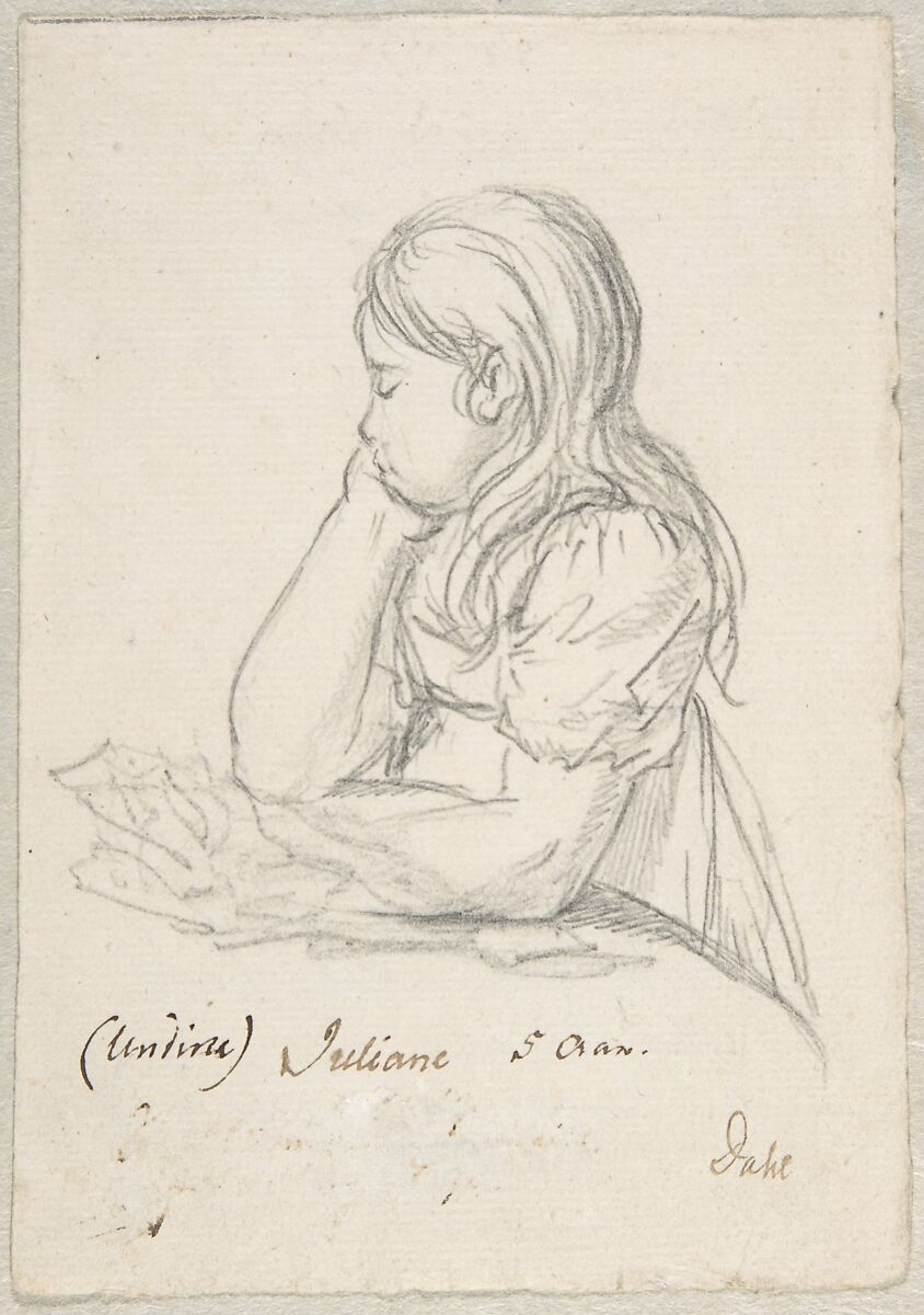 Portrait of Juliane Sophie Heger as a Child, leaning on a Table, Johan Christian Dahl (Norwegian, Bergen 1788–1857 Dresden), Graphite, pen and brown ink 