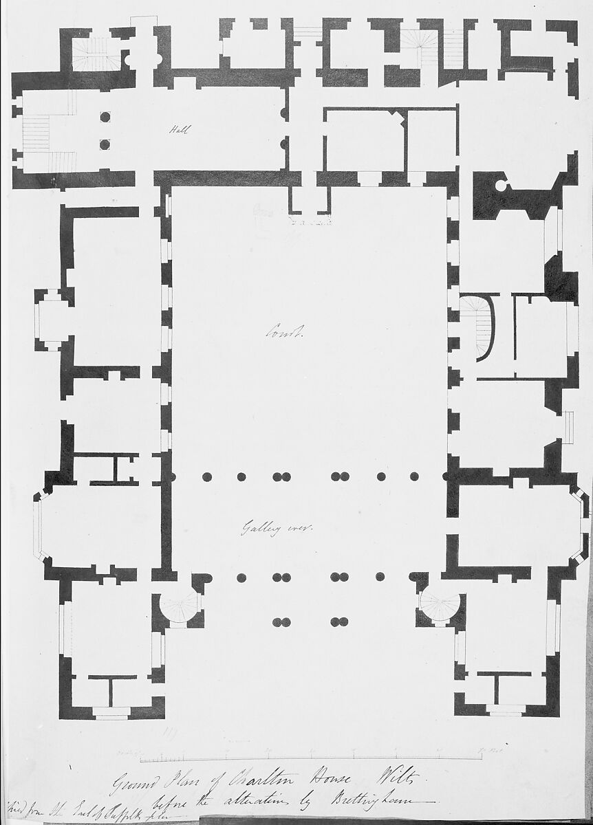 Ground Floor Plan, Charlton House, Wiltshire, Matthew Brettingham, the younger (British, 1725–1803), Pen and black ink, brush and gray wash