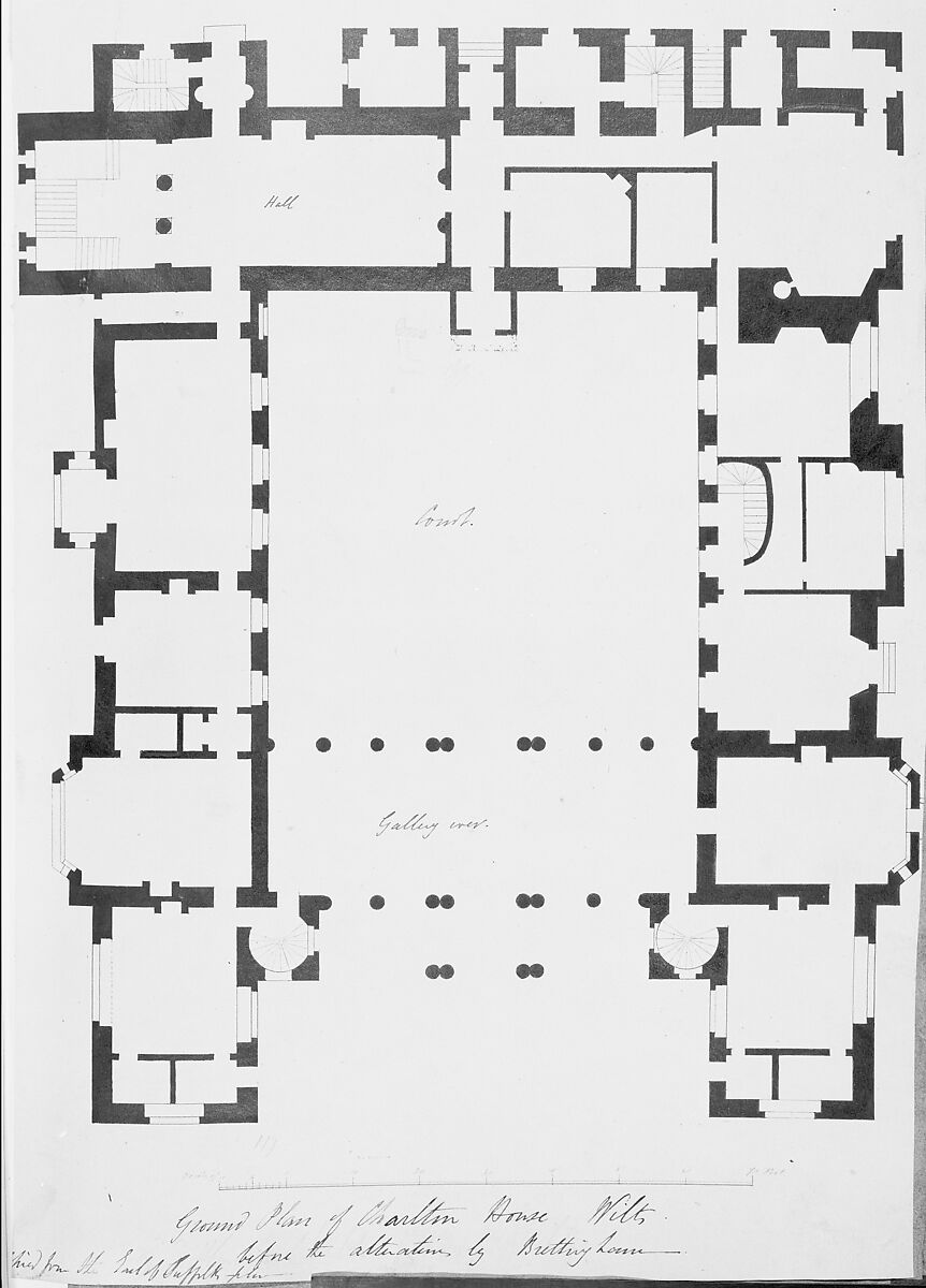 Ground Floor Plan, Charlton House, Wiltshire, Matthew Brettingham, the younger (British, 1725–1803), Pen and black ink, brush and gray wash 