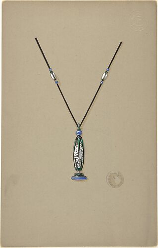 Design for a necklace with blue and green beaded details
