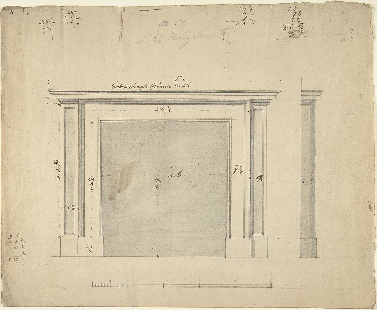 Drawings for a Chimney-piece for 25 Harley Street, Westminster, London, Sir William Chambers (British (born Sweden), Göteborg 1723–1796 London), Pen and ink, brush and wash 