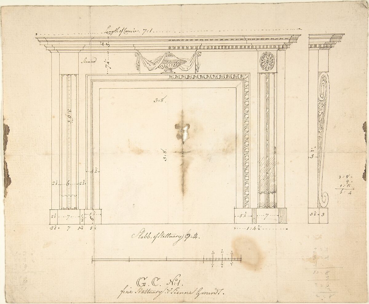 Design for a Chimneypiece, Sir William Chambers (British (born Sweden), Göteborg 1723–1796 London), Pen and ink, brush and wash 