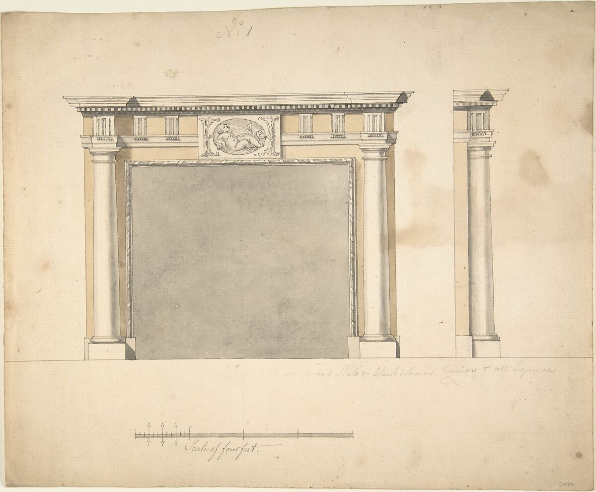 Designs for a Chimney-piece for Richard Barwell's Drawing Room at Esher, Surrey, Sir William Chambers (British (born Sweden), Göteborg 1723–1796 London), Pen and ink, brush and wash 