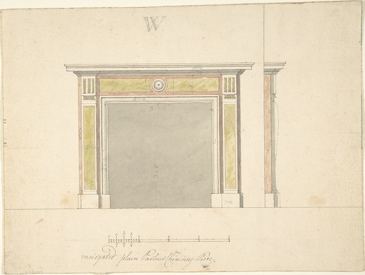 Design for a Chimneypiece, Sir William Chambers (British (born Sweden), Göteborg 1723–1796 London), Pen and ink, brush and wash 