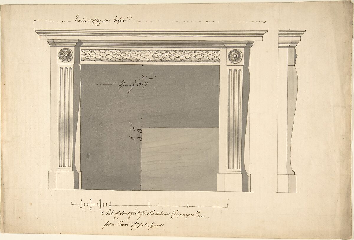 Design for a Chimneypiece, Sir William Chambers (British (born Sweden), Göteborg 1723–1796 London), Pen and ink, brush and wash 