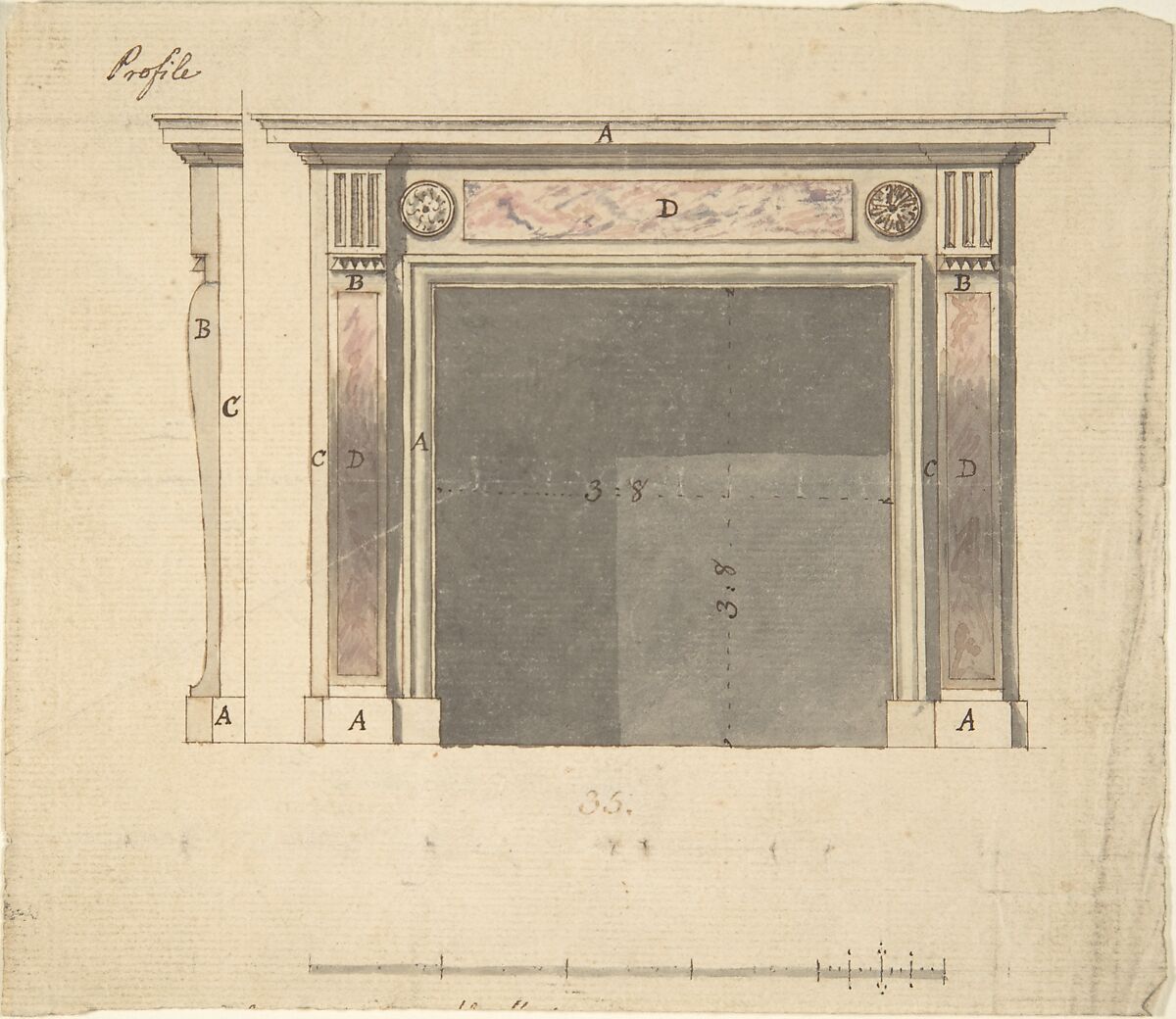 Design for a Chimneypiece, Sir William Chambers (British (born Sweden), Göteborg 1723–1796 London), Pen and ink, brush and wash 