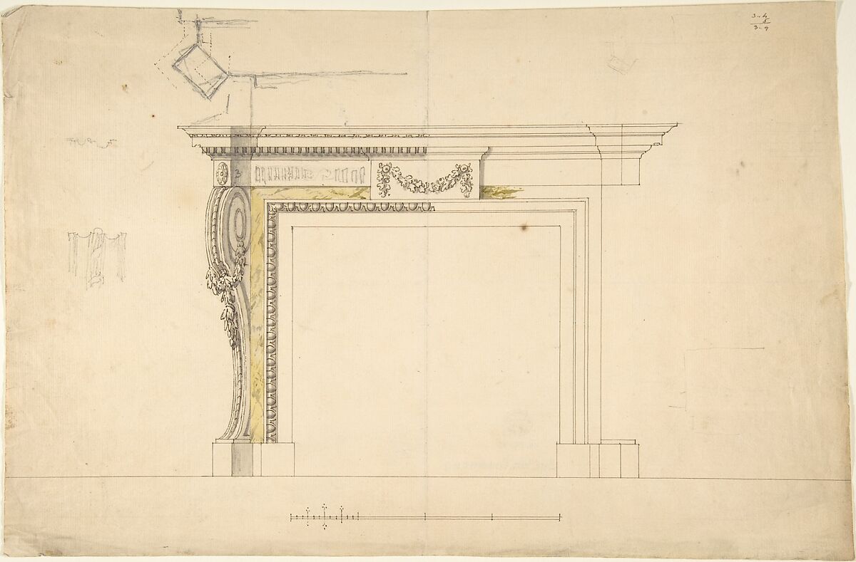 Design for a Chimneypiece, Sir William Chambers (British (born Sweden), Göteborg 1723–1796 London), Pen and ink, brush and wash 