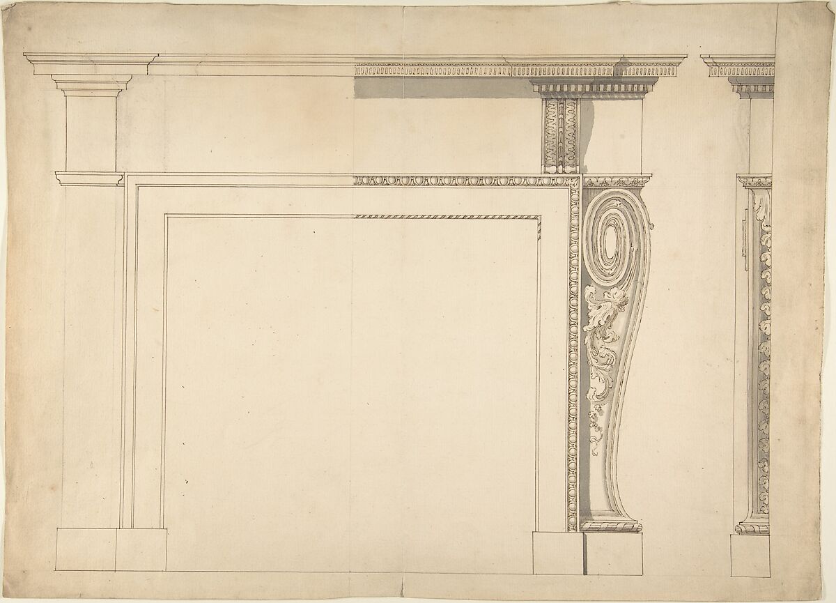 Design for a Chimneypiece, Sir William Chambers (British (born Sweden), Göteborg 1723–1796 London), Pen and ink, brush and wash 