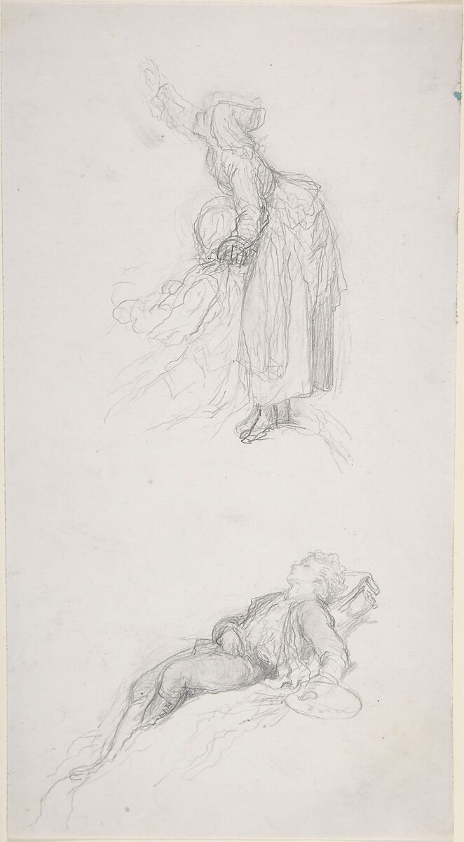 Study of a standing woman with a sitting man; study of a resting artist, François-Claudius Compte-Calix (French, Lyon 1813–1880 Chazay d&#39;Azergues), Graphite 