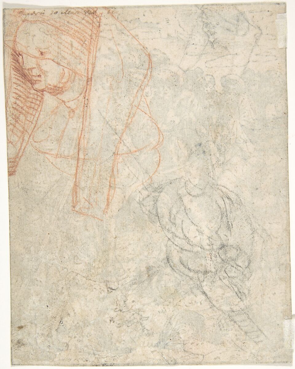 Head of a Woman and Sketch of a Figure (?), Anonymous, German, 16th century, Red chalk, black chalk 