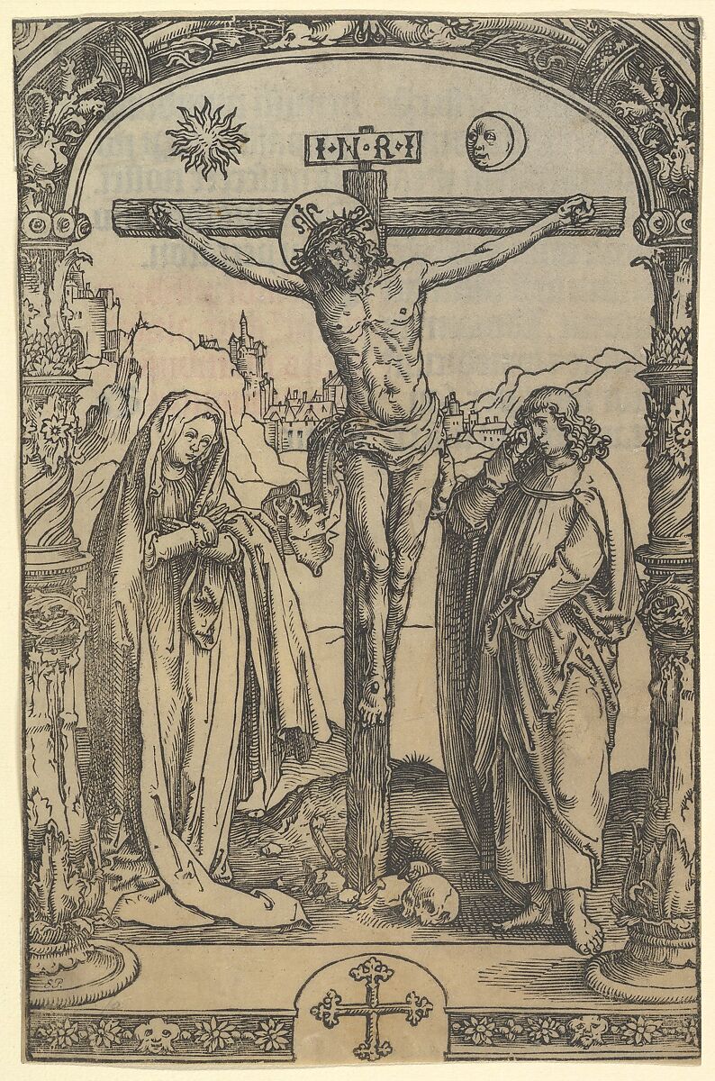 The Crucifixion used in Missale Traiectense (Utrecht Missal), Leiden, 1514, Lucas van Leyden (Netherlandish, Leiden ca. 1494–1533 Leiden), Woodcut printed on vellum with letterpress type printed in black and red on verso 