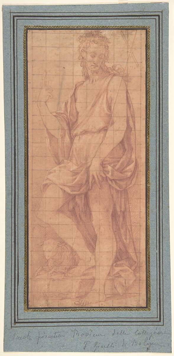 Standing Saint John the Baptist with The Lamb, Girolamo Macchietti (Italian, Florence (?) ca. 1535–1592 Florence), Red chalk, highlighted with white chalk, on ochre washed paper. 