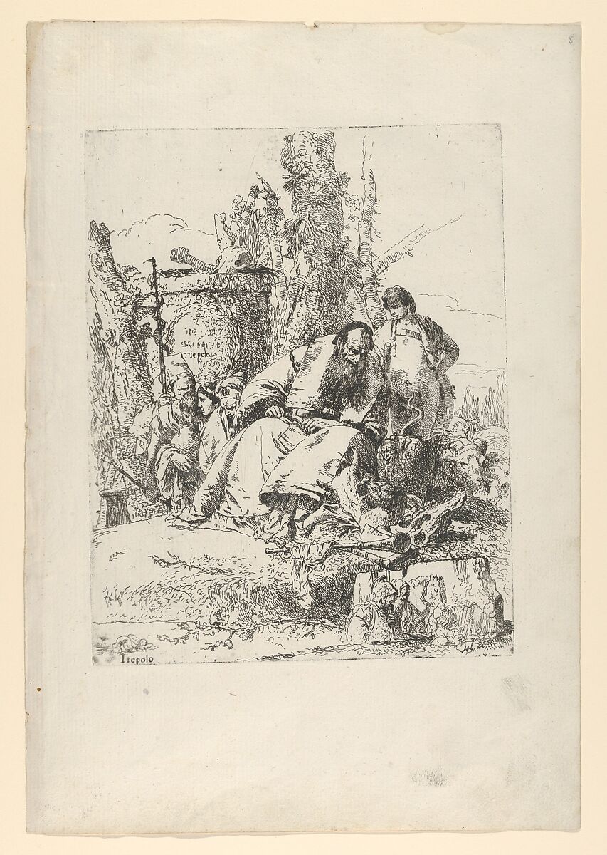 Seated magician, boy and four figures from the Scherzi di Fantasia, Giovanni Battista Tiepolo (Italian, Venice 1696–1770 Madrid), Etching; first state of two 
