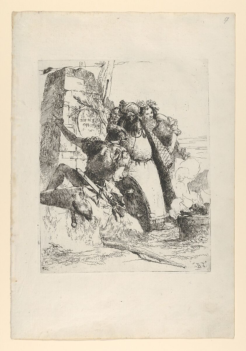A magician, a soldier and three figures watching a burning skull from the Scherzi di Fantasia, Giovanni Battista Tiepolo (Italian, Venice 1696–1770 Madrid), Etching; first state of two 