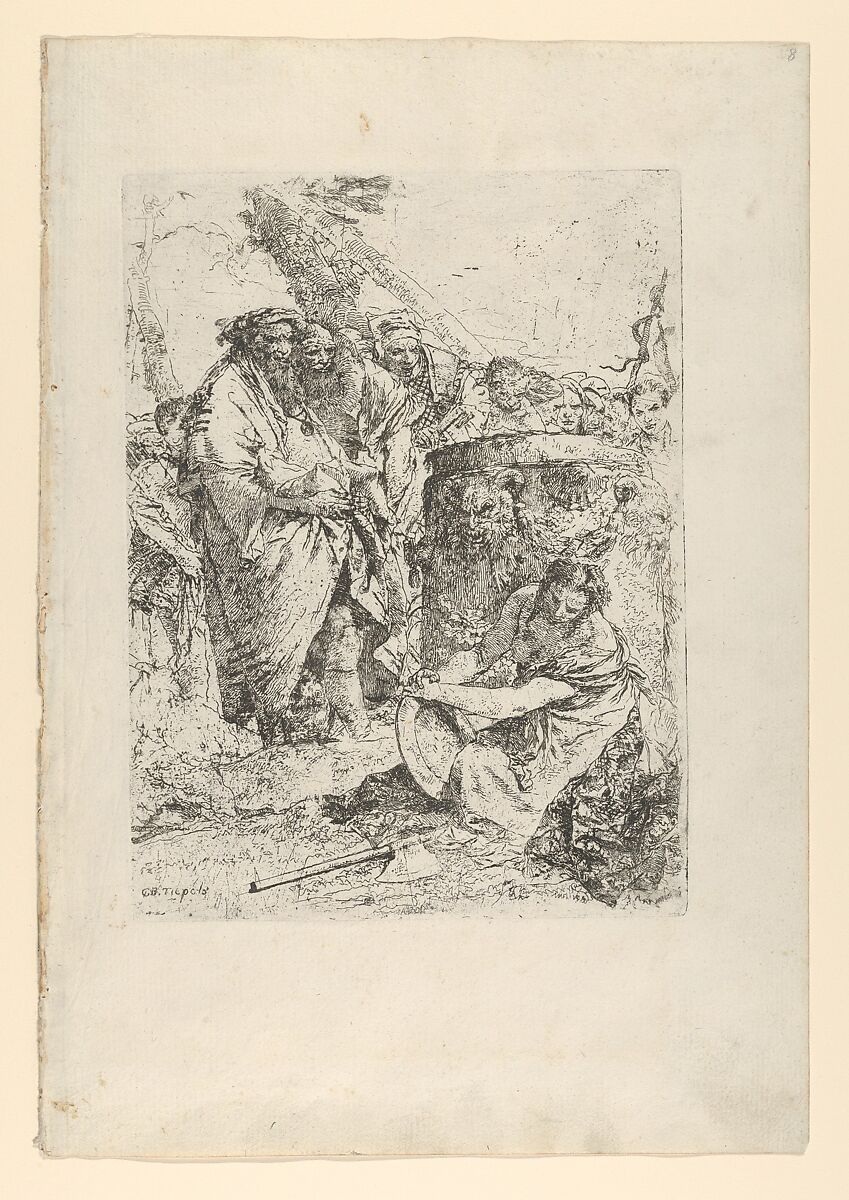 Woman kneeling in front of magicians and other figures, from the Scherzi, Giovanni Battista Tiepolo (Italian, Venice 1696–1770 Madrid), Etching; first state of two 