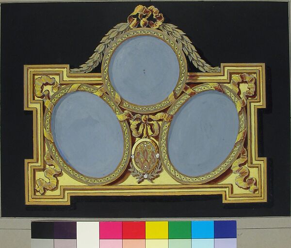 Design for silver or jewelry, Workshop of Jacques-Charles-François-Marie Froment-Meurice (French, 1864–1948), Brown wash, blue, yellow, red, and black gouache, gold paint over graphite
