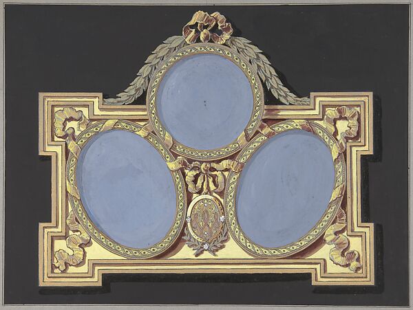 Design for silver or jewelry, Shop of Jacques-Charles-François-Marie Froment-Meurice (French, 1864–1948), Brown wash, blue, yellow, red, and black gouache, gold paint over graphite 