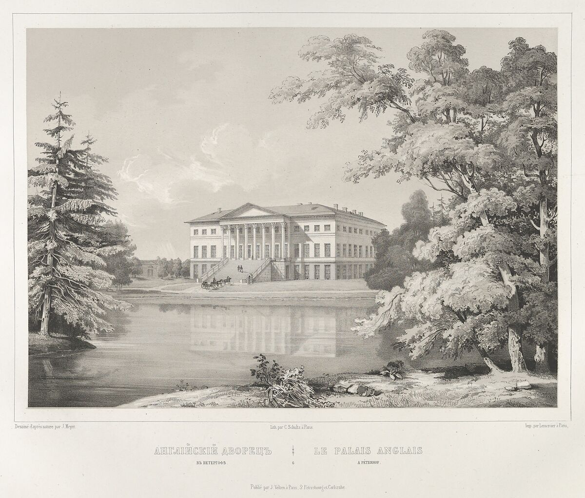 Le Palais Anglais à Peterhof, from the series Vues pittoresques des palais & jardins impériaux aux environs de St. Petersbourg, After J. Meyer (active mid 19th century), Lithograph printed with gray tone block 