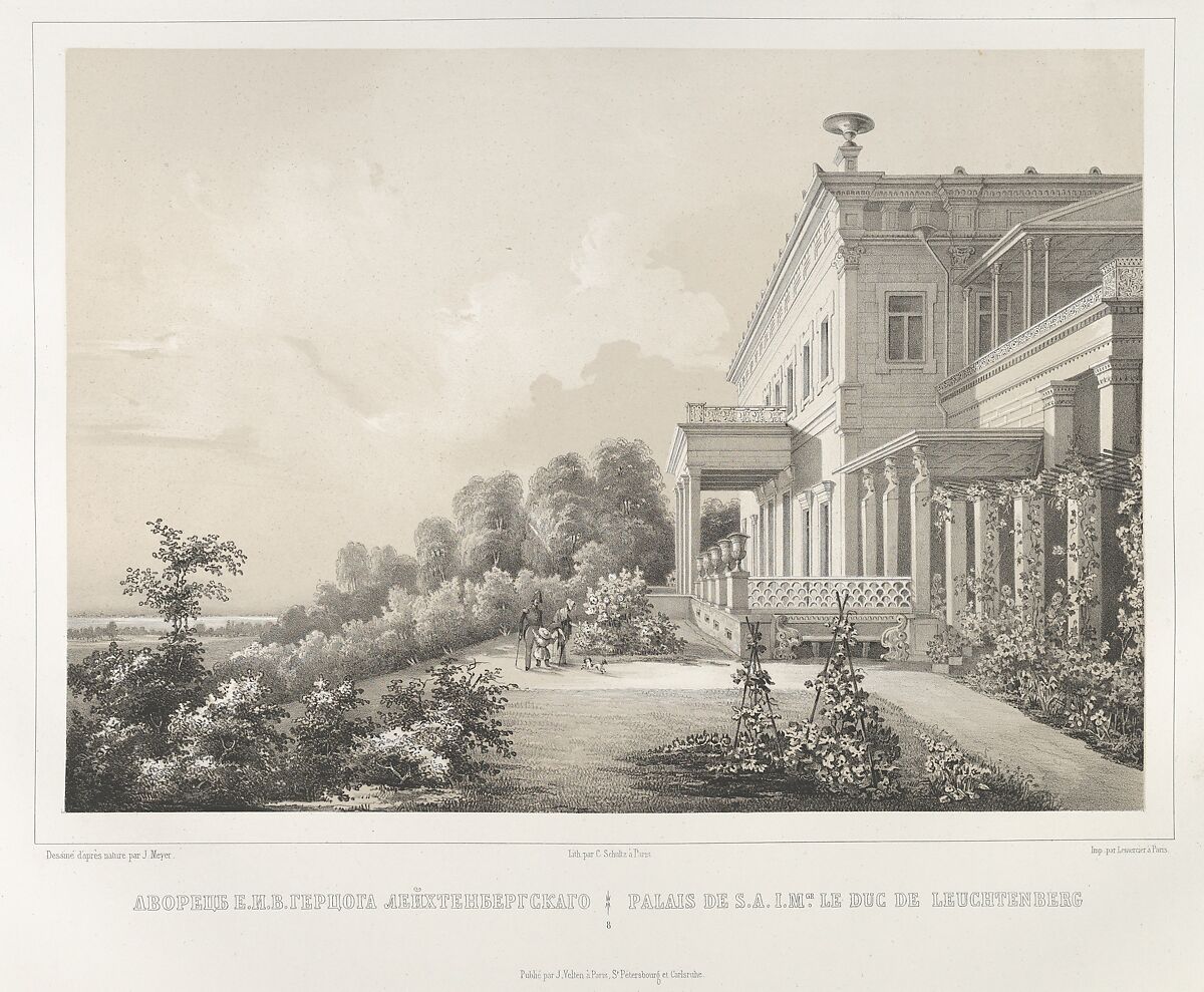 Palais de S.A.I.Mgr. Le Duc de Leuchtenberg, from the series Vues pittoresques des palais & jardins impériaux aux environs de St. Petersbourg, After J. Meyer (active mid 19th century), Lithograph printed with ochre tone block 