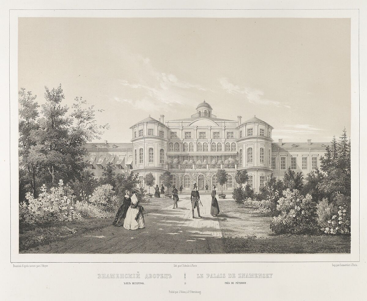 Le Palais de Znamensky près de Peterhof, from the series Vues pittoresques des palais & jardins impériaux aux environs de St. Petersbourg, After J. Meyer (active mid 19th century), Lithograph printed with ochre tone 