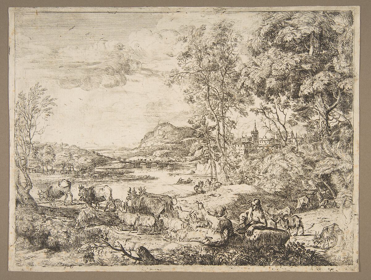 Shepherd and Shepherdess Conversing in a Landscape, Claude Lorrain (Claude Gellée) (French, Chamagne 1604/5?–1682 Rome), Etching; second state of seven (Mannocci) 