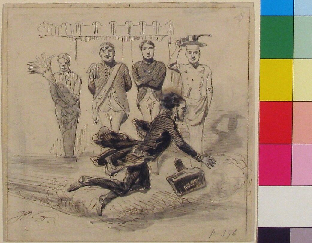 Illustration in Jérôme Paturot, by Louis Reybaud, Paris, 1846, J. J. Grandville (French, Nancy 1803–1847 Vanves), Pen and brown ink, brush and gray and brown wash over graphite.