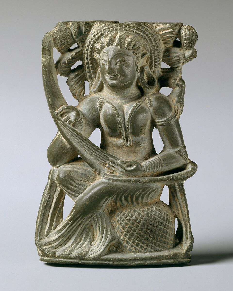 Mirror Handle with a Woman Playing the Lute, Chlorite schist, India (Jammu and Kashmir, ancient kingdom of Kashmir) 