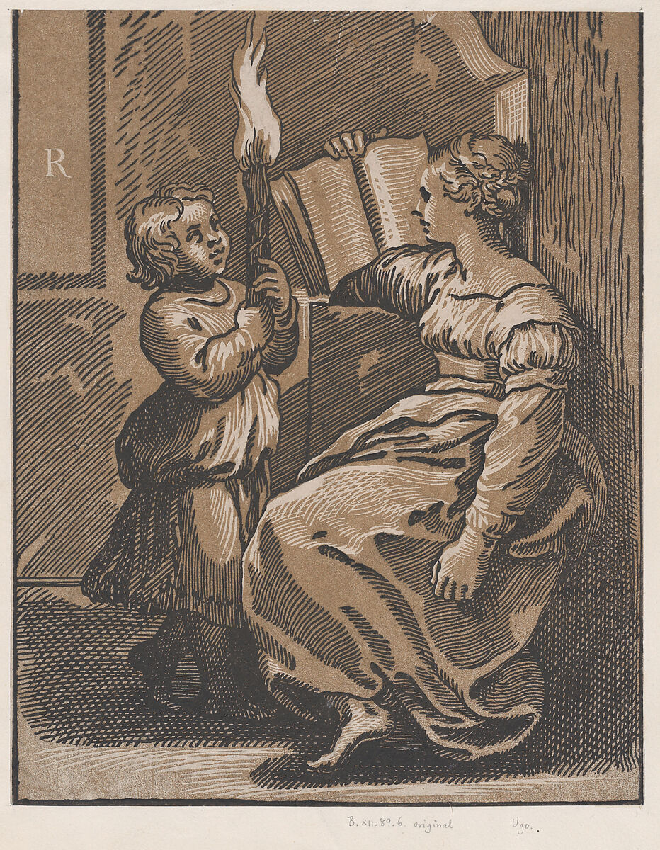 A Sibyl reading a book facing left, After print attributed to Ugo da Carpi (Italian, Carpi ca. 1480–1532 Bologna), Chiaroscuro woodcut from two blocks in brown 