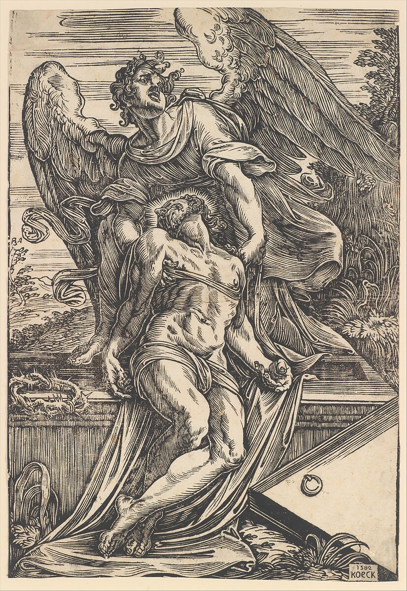 The Dead Christ supported by an angel, Giuseppe Scolari (Italian, active Venice, 1562–1607), Woodcut 