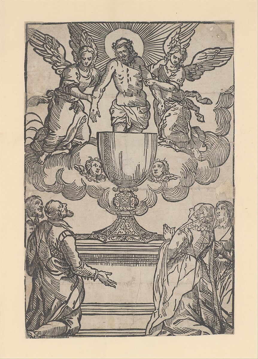 The Triumph of the Eucharist, Christ as the Man of Sorrows supported by two angels standing in a chalice, Anonymous, Italian, 16th century, Woodcut 