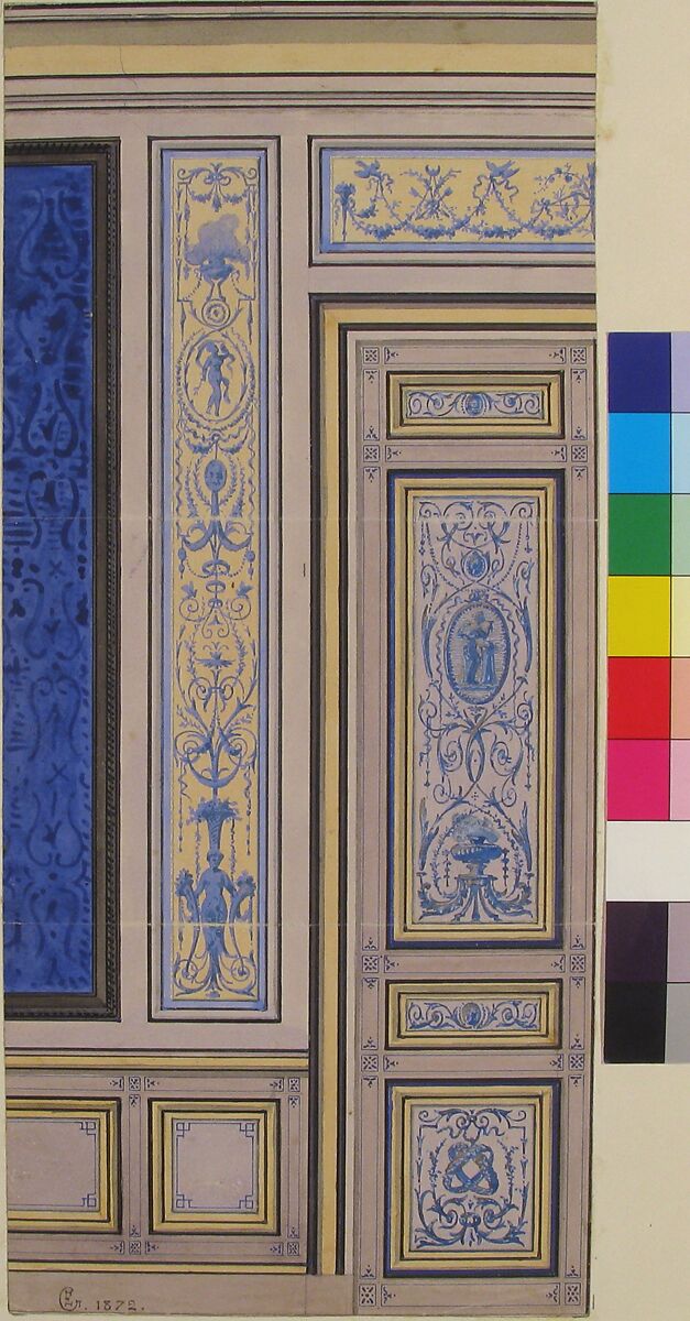 Design for Wall, Hôtel de Beaujon, Paris, Jules-Edmond-Charles Lachaise (French, died 1897), Watercolor, pen and black ink, and gilt over graphite