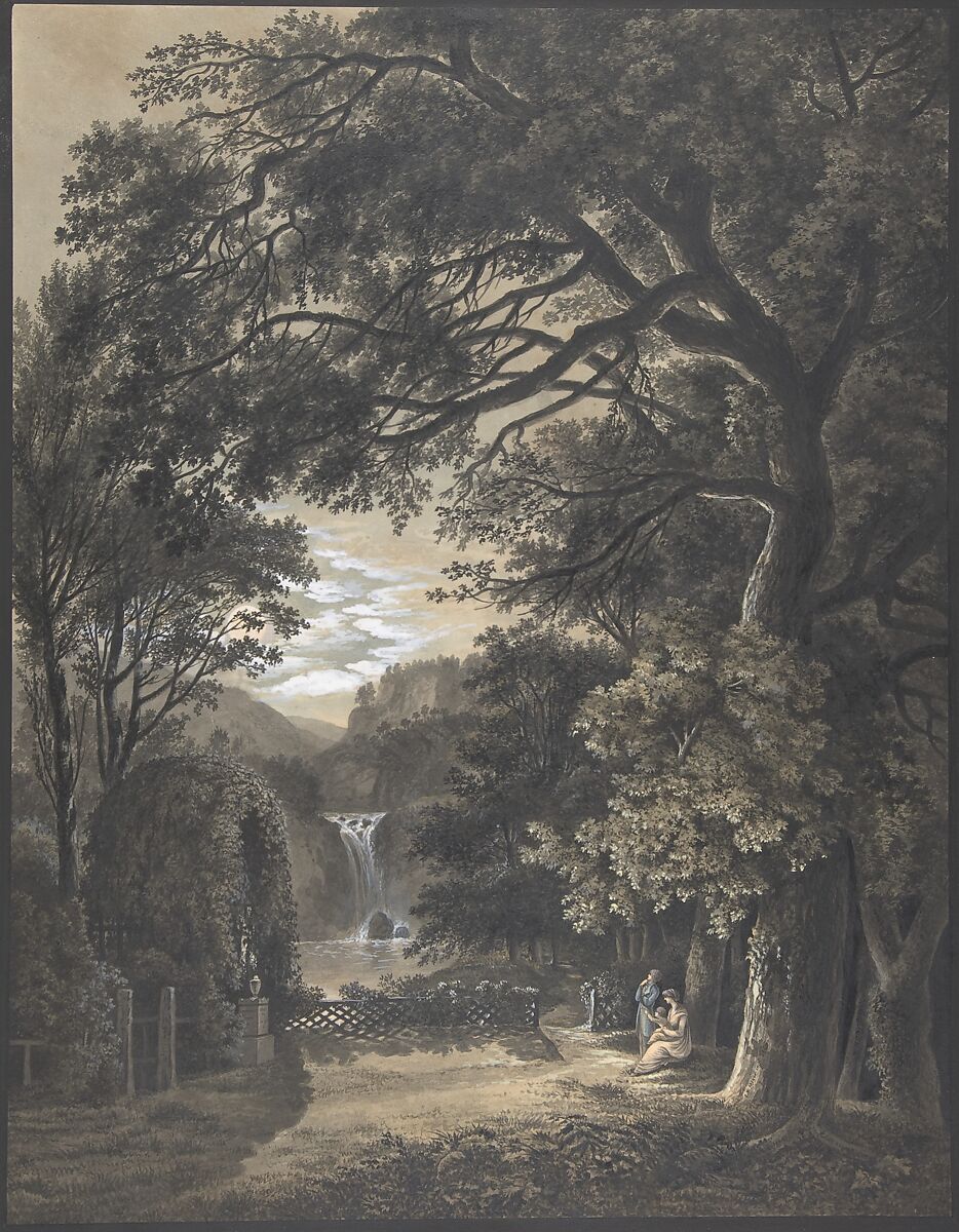 Family Gathered Before a Monument in a Landscape with a Waterfall, Johann Heinrich Meyer (Swiss, Zurich 1755–1829), Brush and gray wash, pen and blue and brown ink, heightened with white bodycolor. Broad framing line in pen and black ink. 