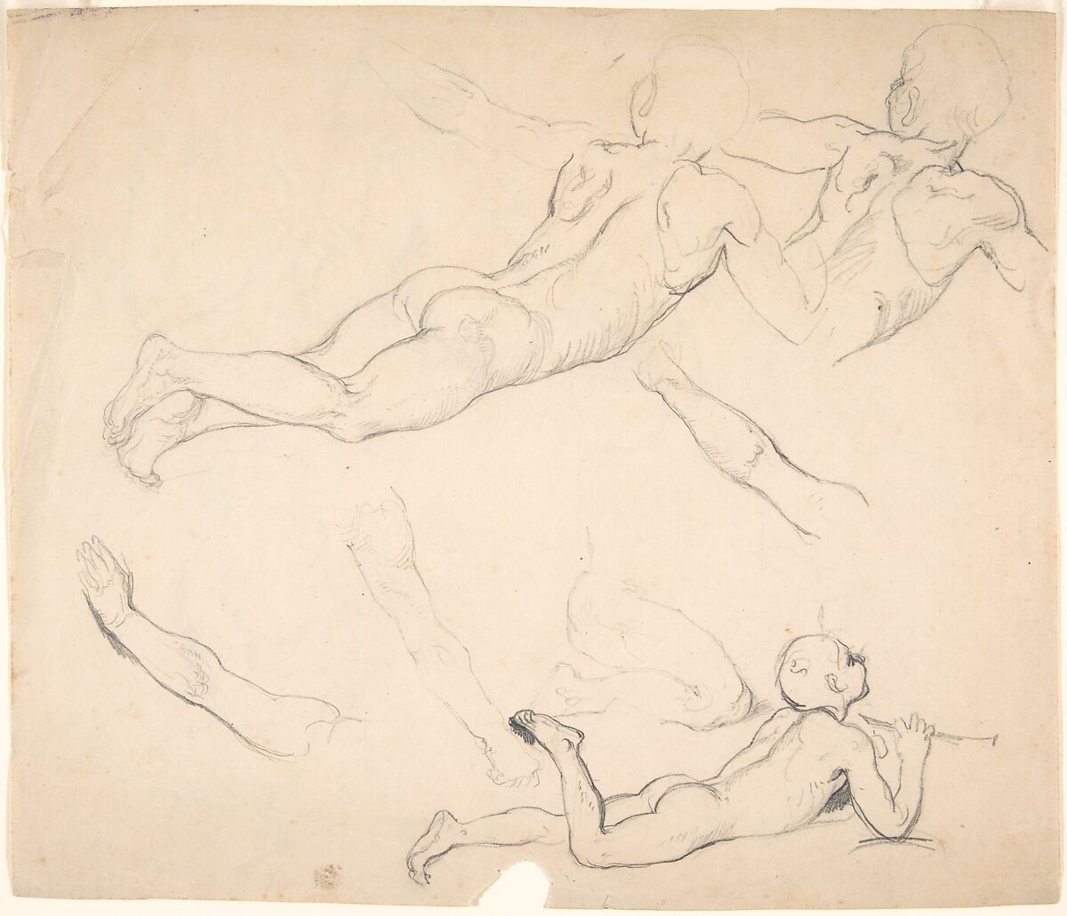 Studies of a Boy Playing the Flute; verso: Studies of Seated Man, Eduard Julius Friedrich Bendemann (German, Berlin 1811–1889 Düsseldorf), Graphite 