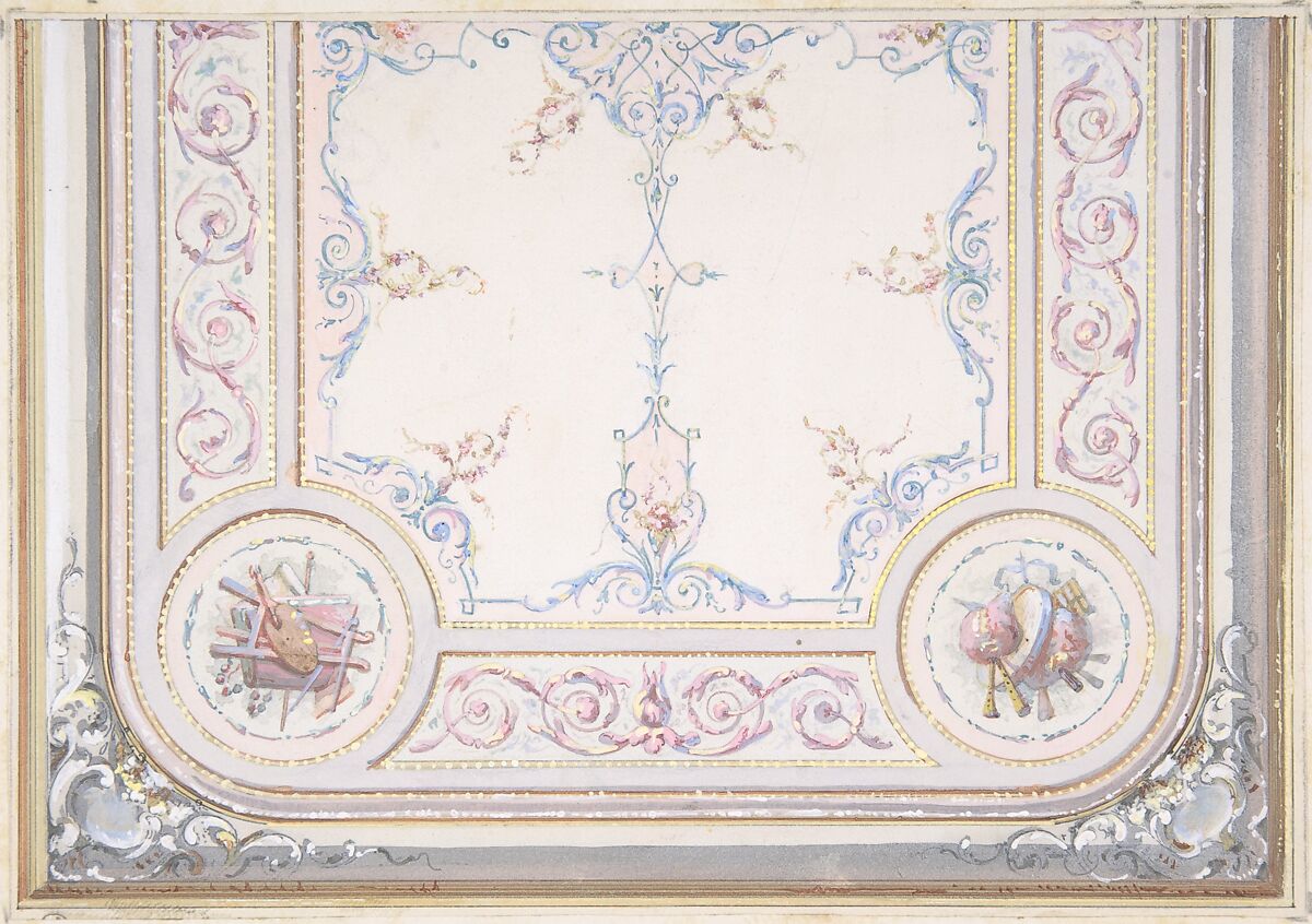 Design for Ceiling of the Duchess of Newcastle's Petit Salon, Hôtel Hope, Jules-Edmond-Charles Lachaise (French, died 1897), Pen and black ink, gouache and watercolor 
