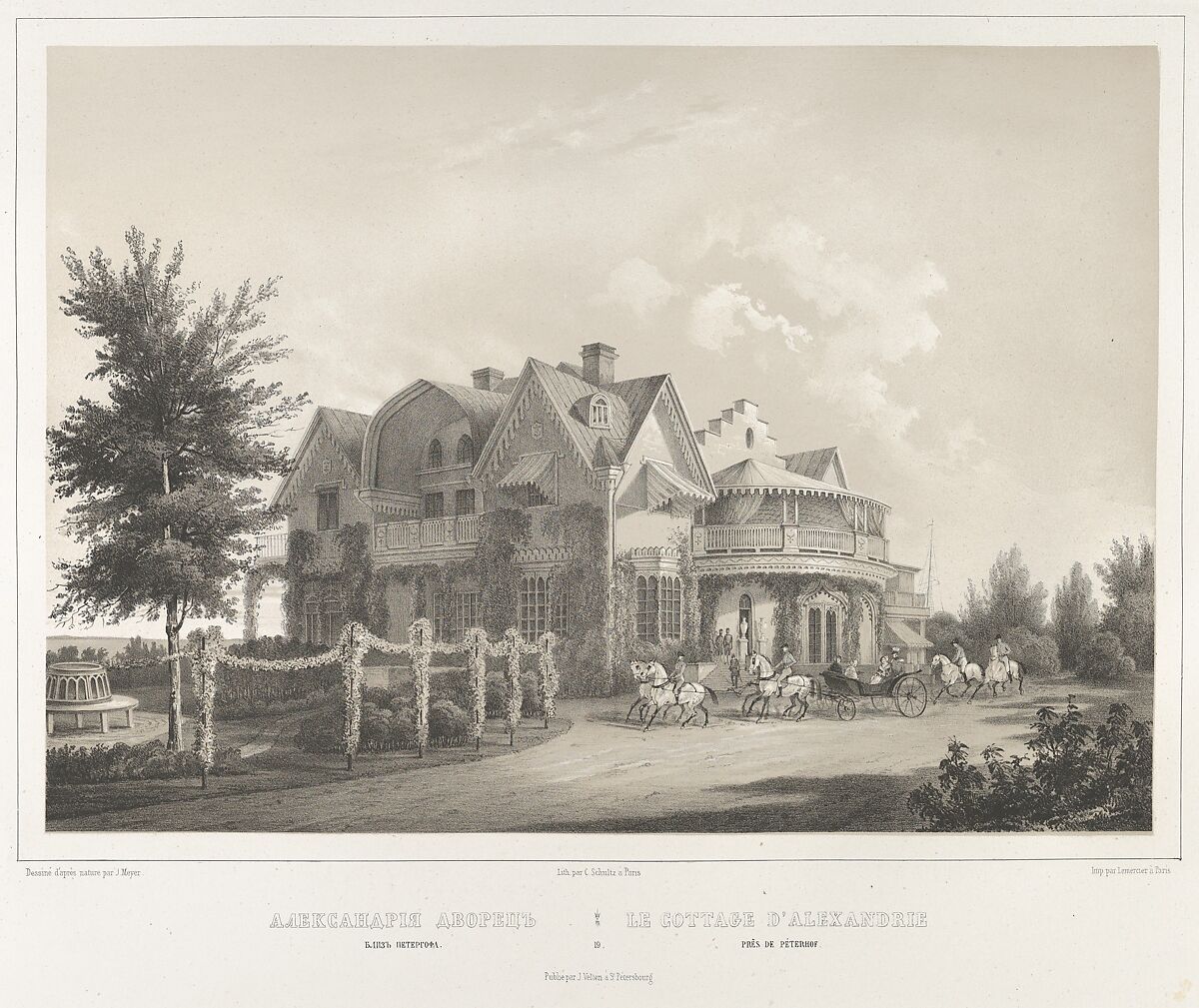 Le Cottage D'Alexandrie près de Péterof, from the series Vues pittoresques des palais & jardins impériaux aux environs de St. Petersbourg, After J. Meyer (active mid 19th century), Lithograph printed with light brown tone block 