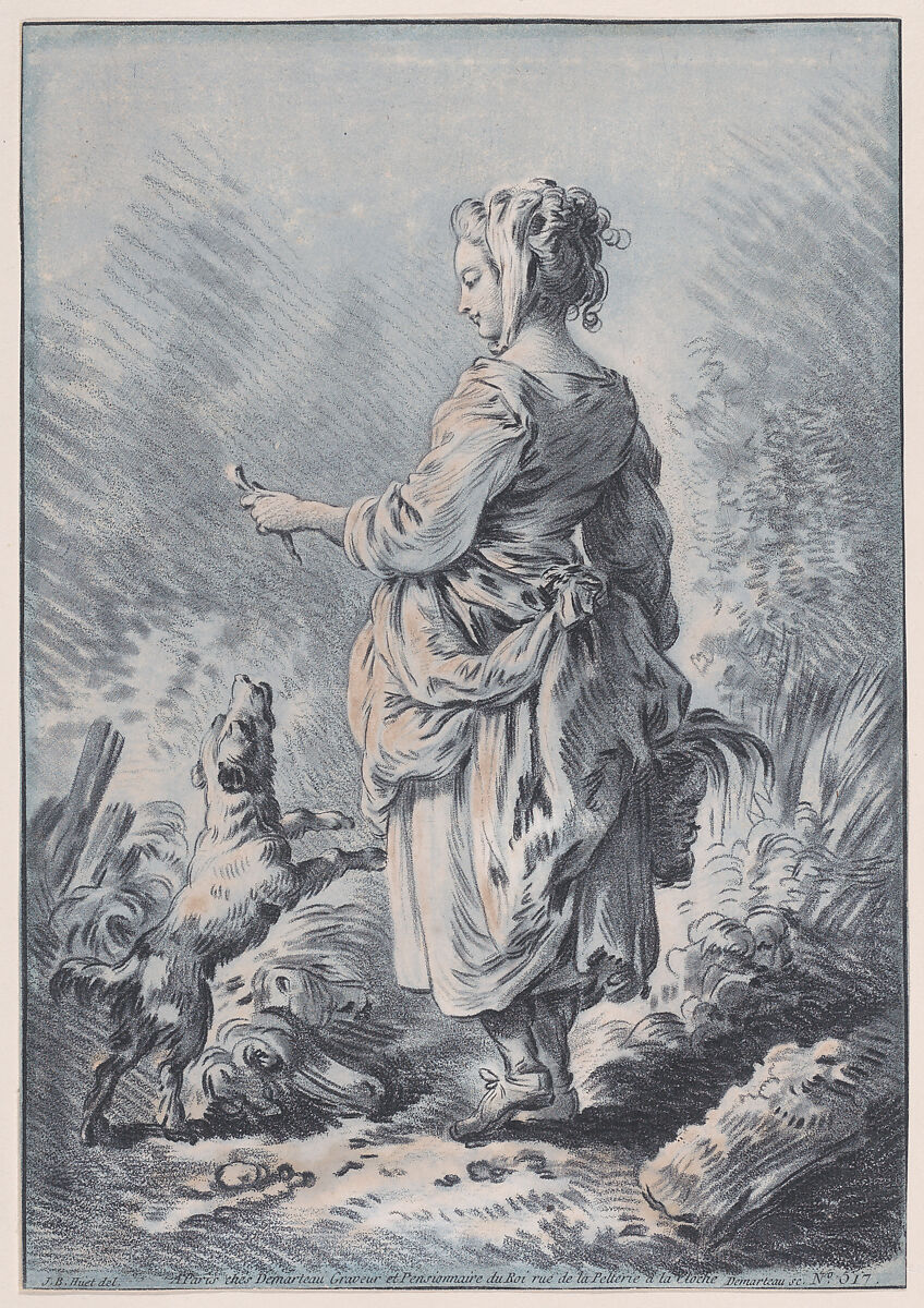 Young Woman with a Dog, Gilles Demarteau (French, Liège 1722–1776 Paris), Crayon-manner printed in blue and black ink 