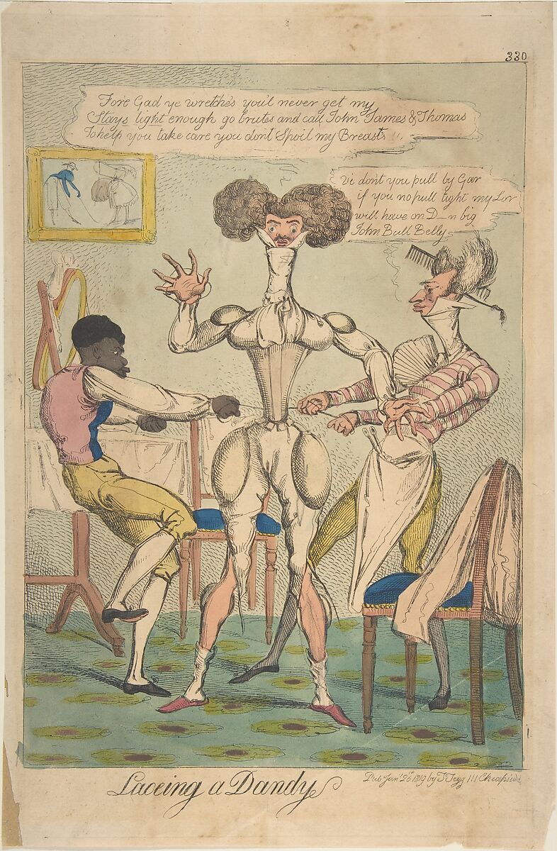 Laceing [sic] a Dandy, Anonymous, British, 19th century  British, Hand-colored etching