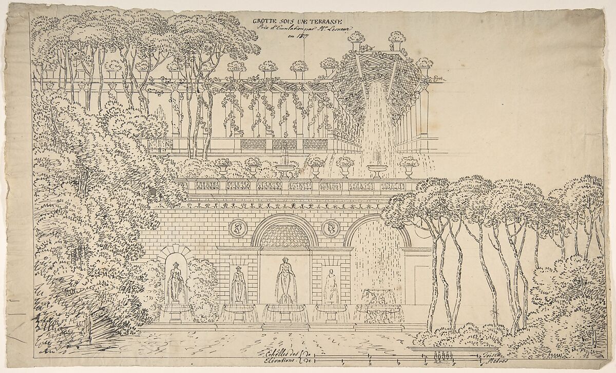 Grotto under a Terrace, Jean-Baptiste-Cicéron Lesueur (French, 1794–1883), Pen and dark brown ink over graphite.  Traces of squaring in graphite 
